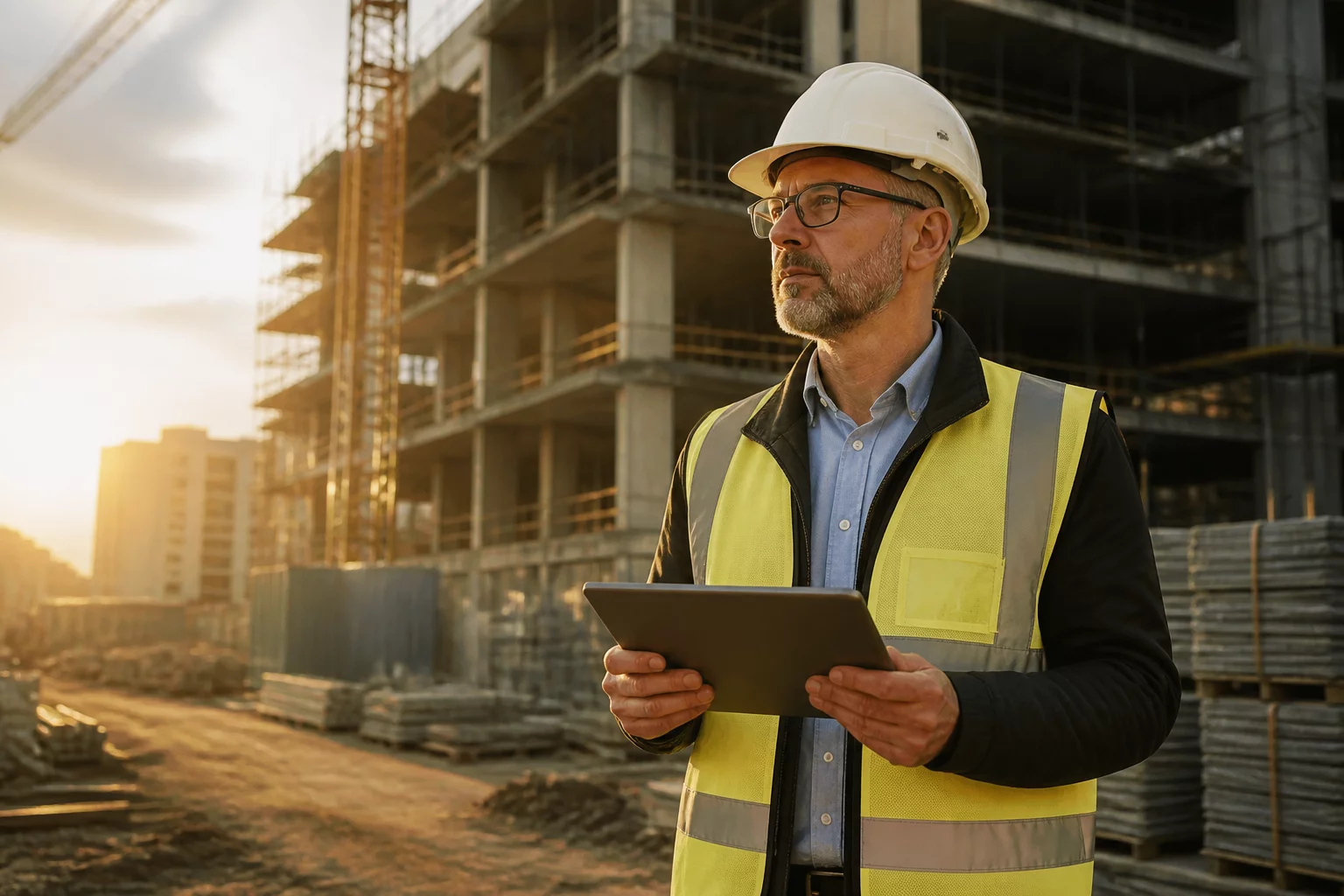 Architectural plans and blueprints with digital tablet representing digital construction documents